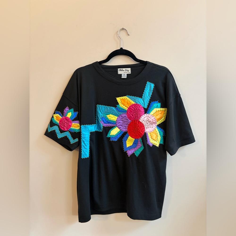 Chelsea Way Vintage Beaded Multicolor Abstract Floral Short Sleeve T-Shirt Top